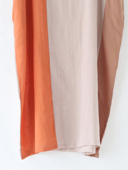 Original Linen Split-Joint Contrast Color Round-Neck Batwing Sleeve Midi Dress
