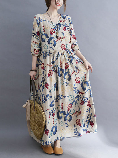 Casual Ramie Cotton Floral Printed Round-Neck Long Sleeves Over Size Maxi Dress