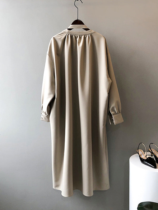 Urban Simple Solid Color Pleated Tied V-Neck Long Sleeves Midi Dress