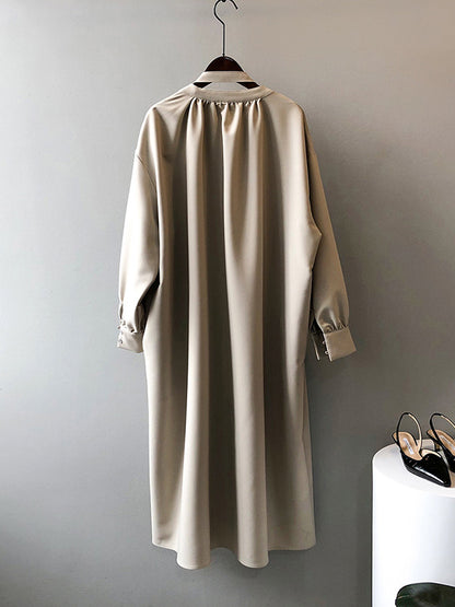 Urban Simple Solid Color Pleated Tied V-Neck Long Sleeves Midi Dress
