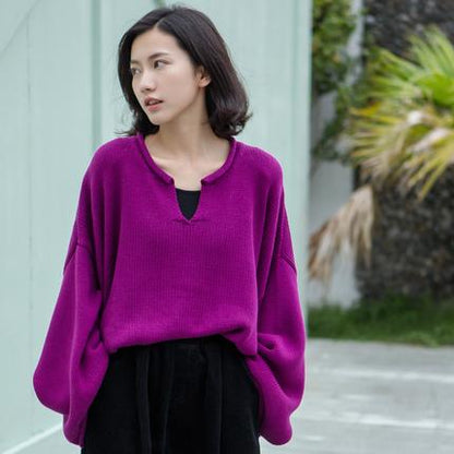 Buykud Simple Solid Color V-neck Ultra-loose Sweater