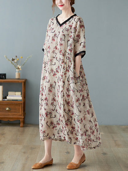 Artistic Retro Contrast Color Floral Printed Midi Dress