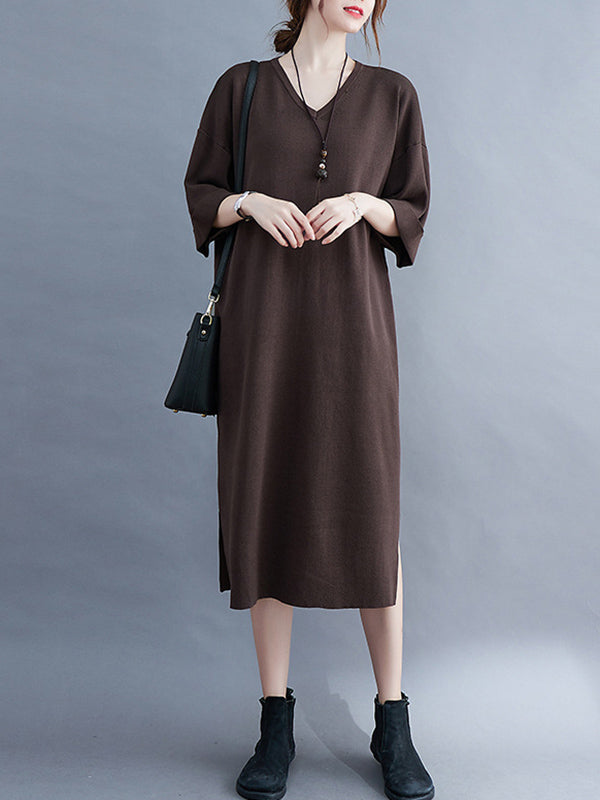 Urban Solid Color V-Neck Split-Side Knitting H-Line Sweater Dress