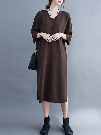 Urban Solid Color V-Neck Split-Side Knitting H-Line Sweater Dress