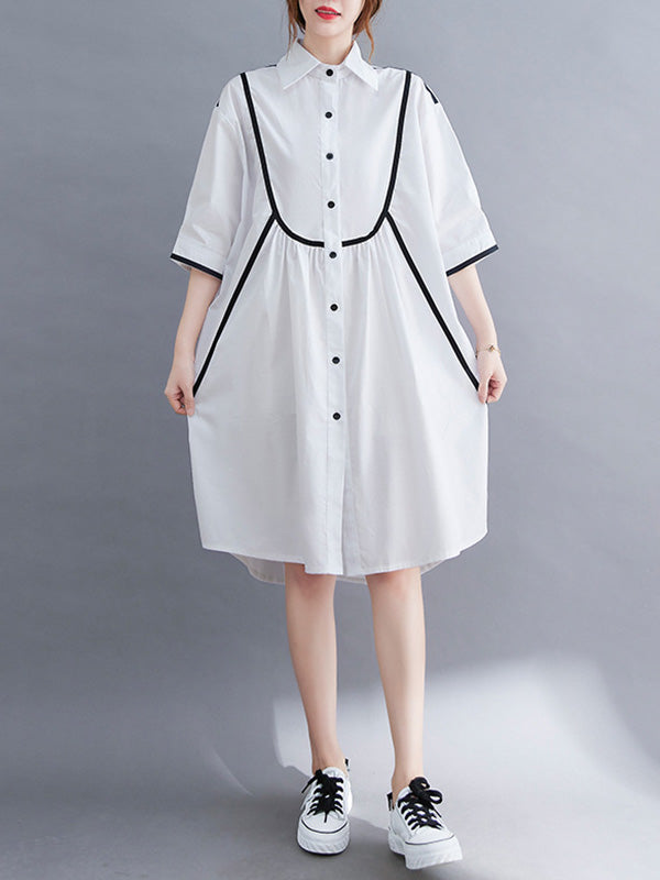 Stylish Loose White Split-Joint Half Sleeves Lapel Midi Dress