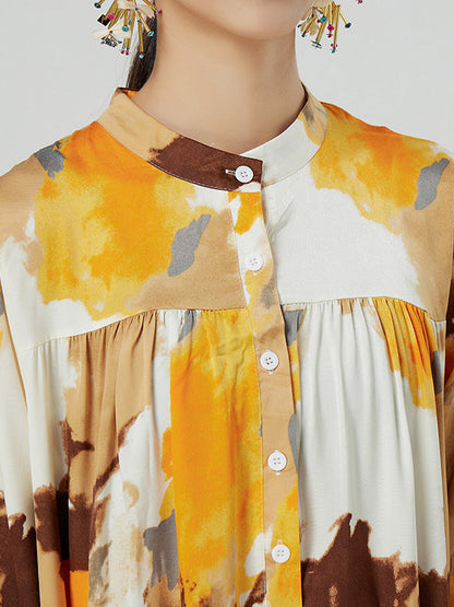 Original Graffiti Contrast Color Tie-Dyed Buttoned Pleated Stand Collar Long Sleeves Maxi Dress