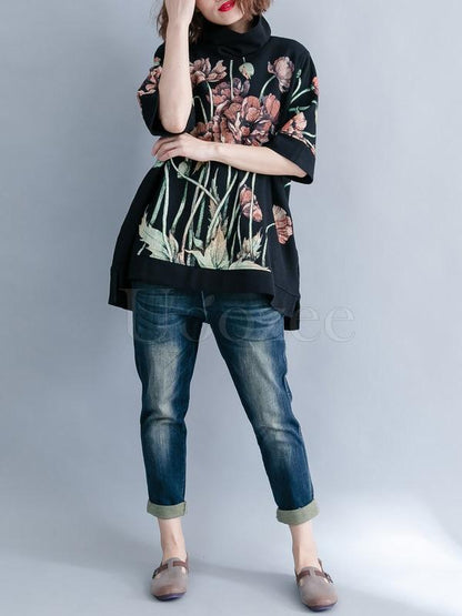 Casual Floral Printed High-neck Sweatshirt