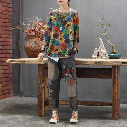 Casual Retro Floral Printed O-neck Knitted Shirt