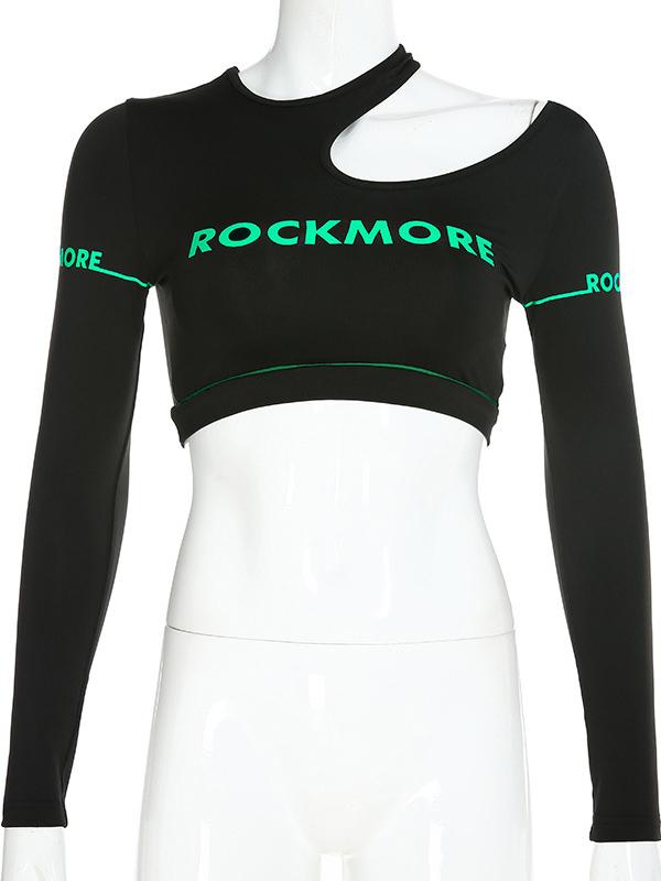 Letter Printed Bare Midriff Hollow Tee