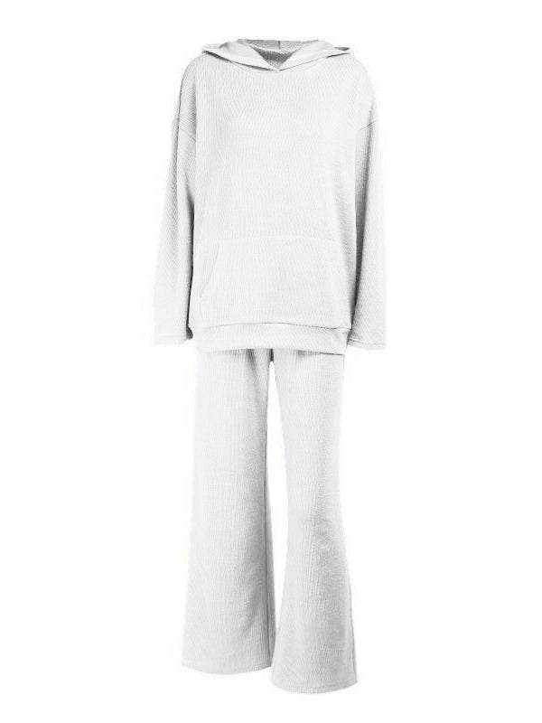 Simple Casual Solid Color Knitted Hoodies+Knitted Elasticity Wide Leg Pants 2 Pieces Set