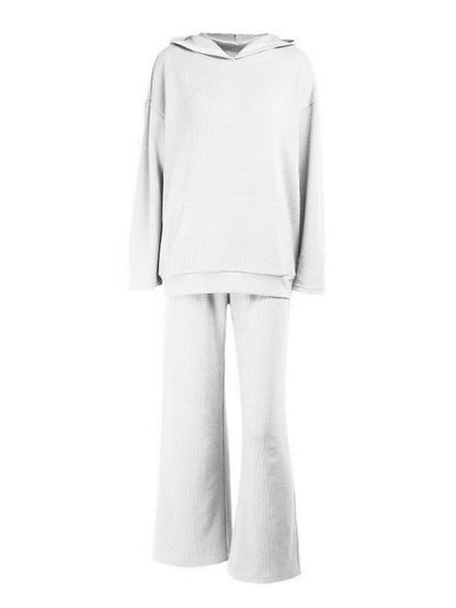 Simple Casual Solid Color Knitted Hoodies+Knitted Elasticity Wide Leg Pants 2 Pieces Set
