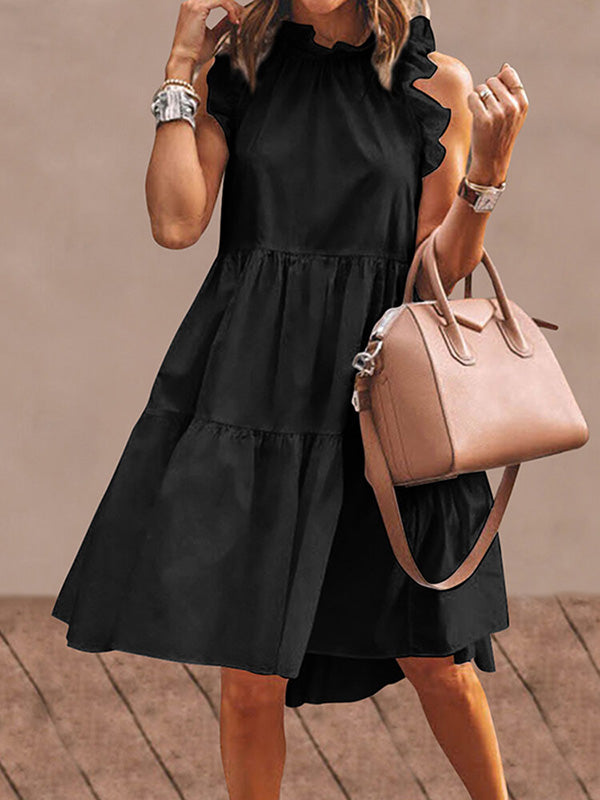 Stylish Solid Color Falbala Sleeveless Stand Collar Midi Dress