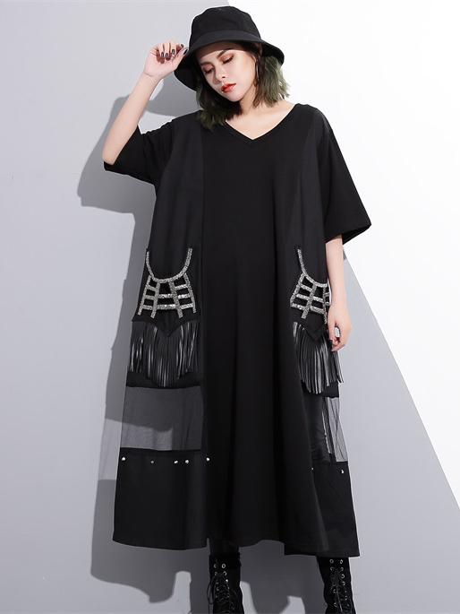 V-neck Split-joint Tasseled Shirt Midi Dresses