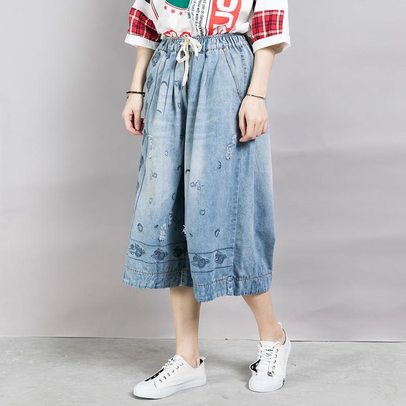 Embroidery Drawstring Casual Wide Leg Jeans