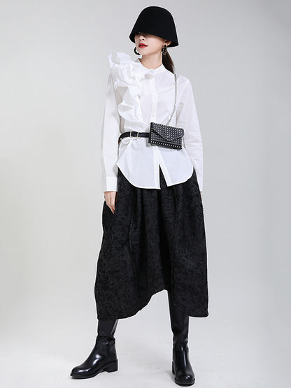 Stylish Falbala Split-Joint Solid Color Buttoned Stand Collar Long Sleeves Blouse