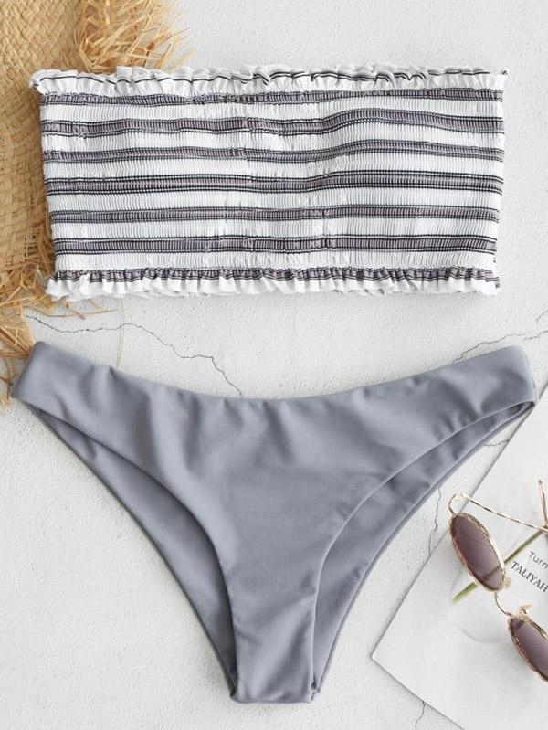 Strapless Draped Striped Top With Solid Panty Bikini Set