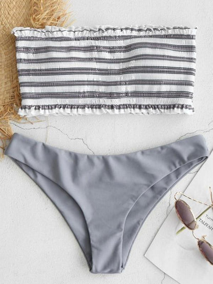 Strapless Draped Striped Top With Solid Panty Bikini Set