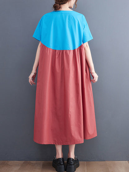 Original Loose Contrast Color Pleated Midi Dress