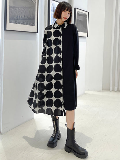 Stylish Irregular Polka-Dot Spit-Joint Buttoned Lapel Collar Long Sleeves Midi Shirt Dress