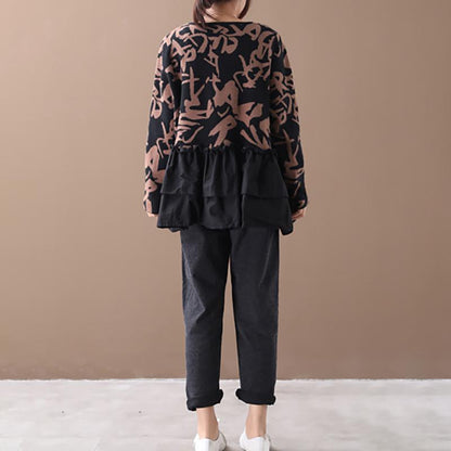 Buykud Agaric Lace Printed Spliced O-neck Blouse