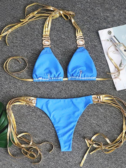 Gorgeous Embellished Triangles Bandage Split Bikini Swimsuit