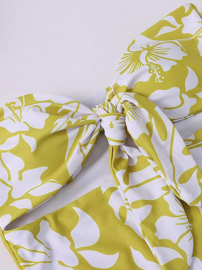 Strapless Bowknot Floral Printed One-Piece Swimwear