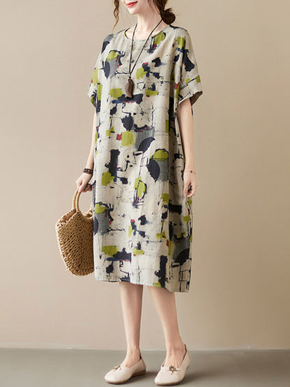 Artistic Retro Ramie Cotton Printed Round-Neck Half Sleeves Midi Dress