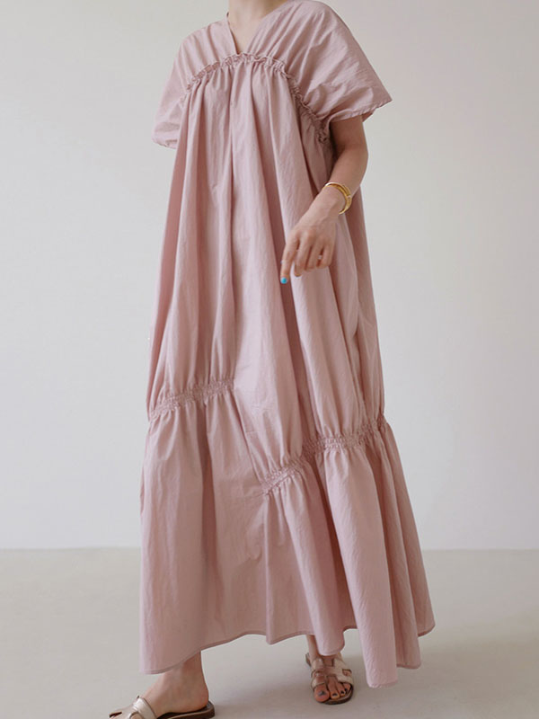 Casual Solid Color Falbala Pleated V-Neck Short Sleeves Maxi Dress