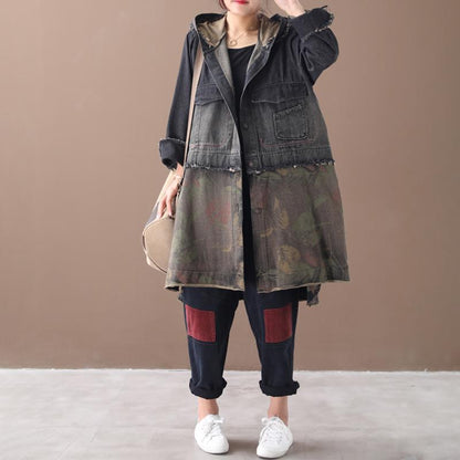 Buykud Retro Leaf Printed Burr Spliced Coat