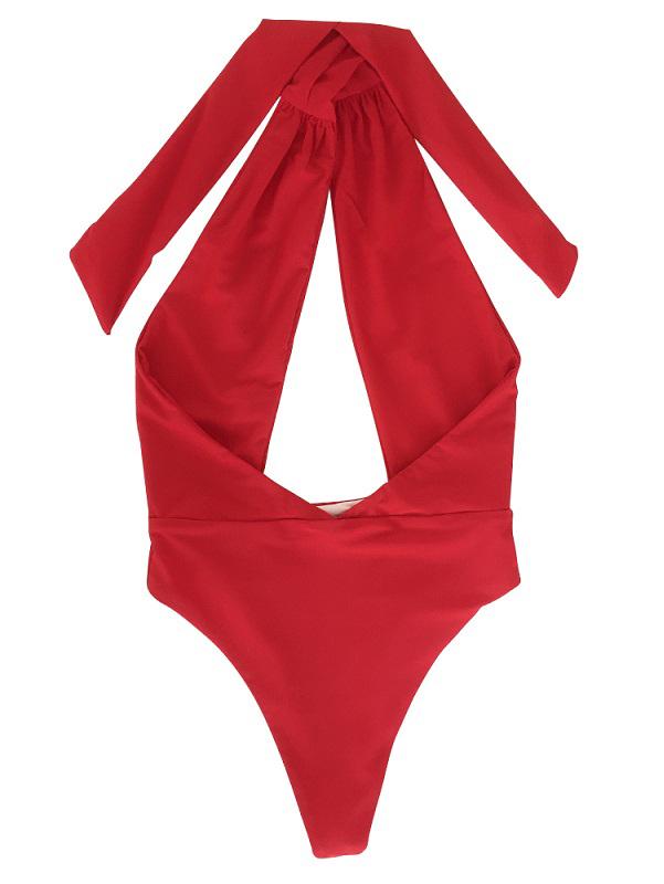 Solid Bandage Halter-Neck One-Piece Swimwear