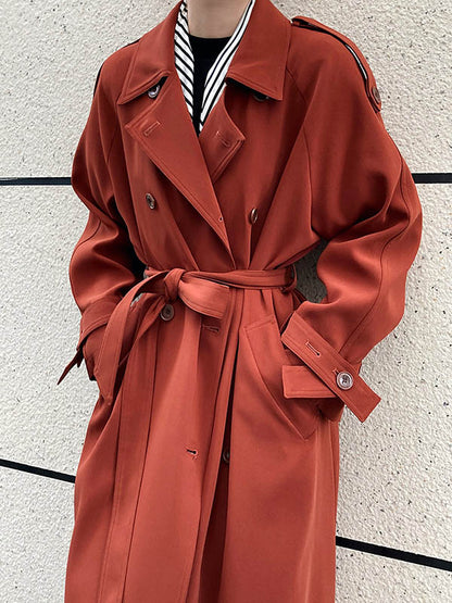 Chic Solid Color Buttoned Tied Notched Collar Long Sleeves Trench Coat