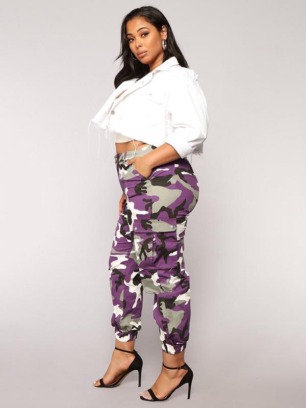Plus Size Purple Camouflage Printed Track Pants