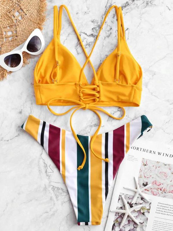 Striped Bandage Backless Split Bikini Swimsuit