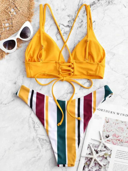 Striped Bandage Backless Split Bikini Swimsuit