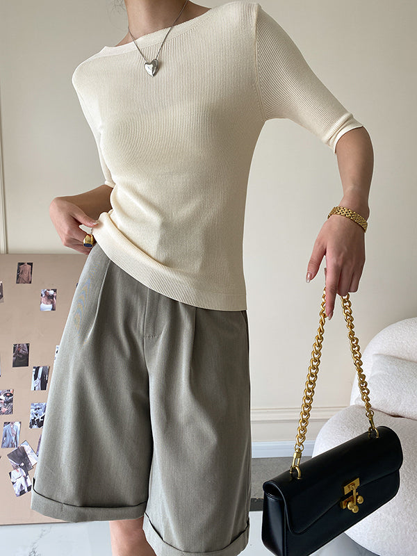 Original Simple Casual Solid Color Skinny Knitting T-Shirt Top