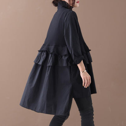 Buykud Turtleneck Pure Color Casual Loose Ruffle Dress
