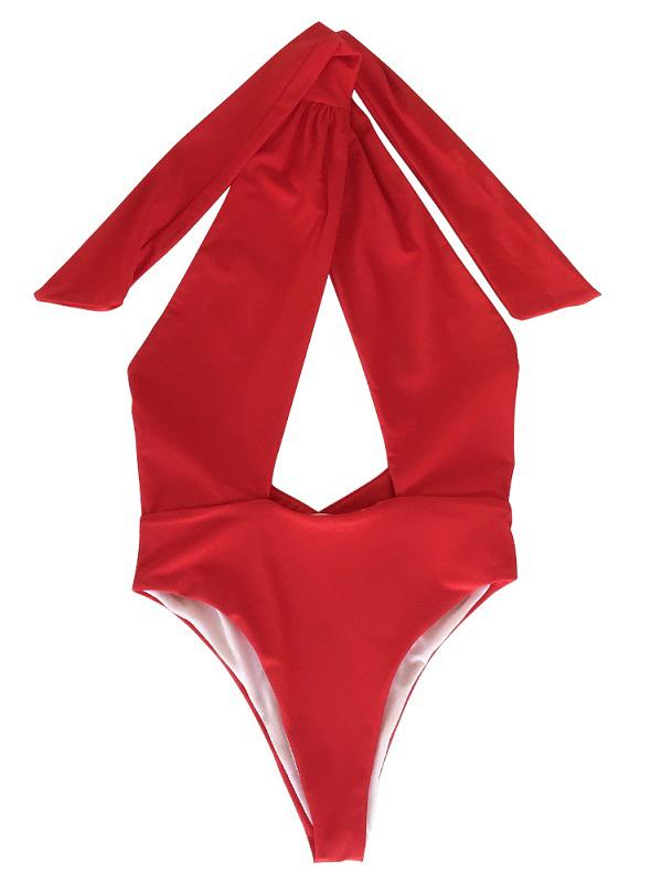 Solid Bandage Halter-Neck One-Piece Swimwear