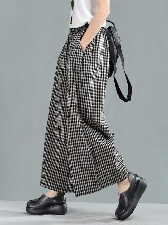 Leisure Ramie Cotton Plaid Wide-leg Pants