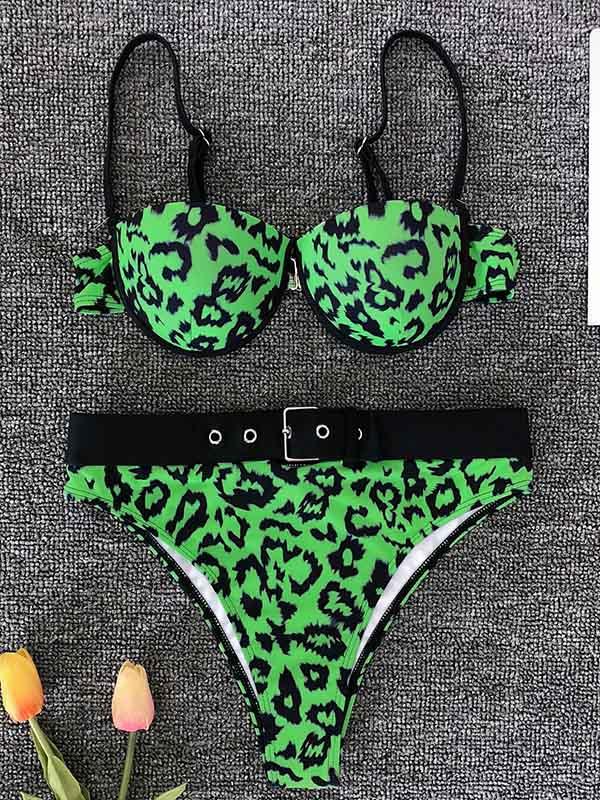 Leopard Print Underwired Belted Split Bikini Swimsuit