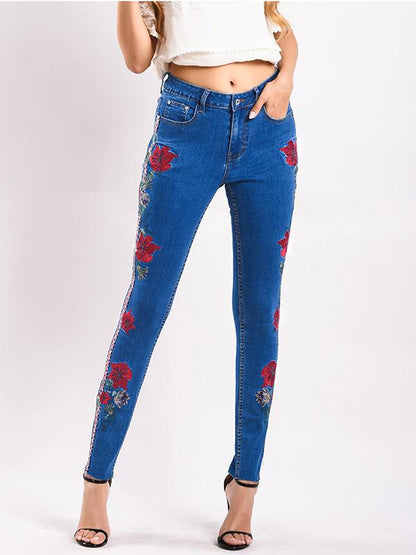 Embroidered Elastic Jeans Pants Bottoms