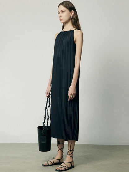 Fashion Spaghetti-Neck Solid Color Pleated Vest Dress Midi Dress
