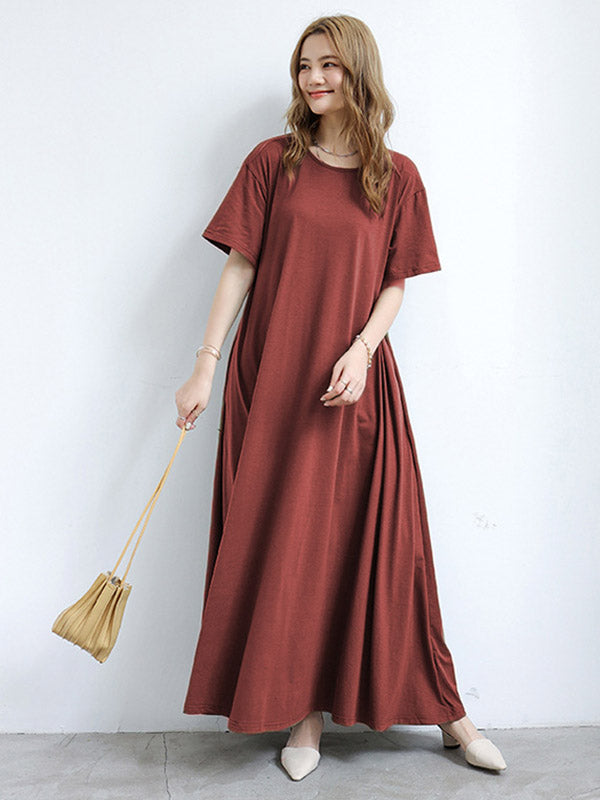 Simple Solid Color Oversized A-Line Round-Neck Short Sleeves Maxi Dress