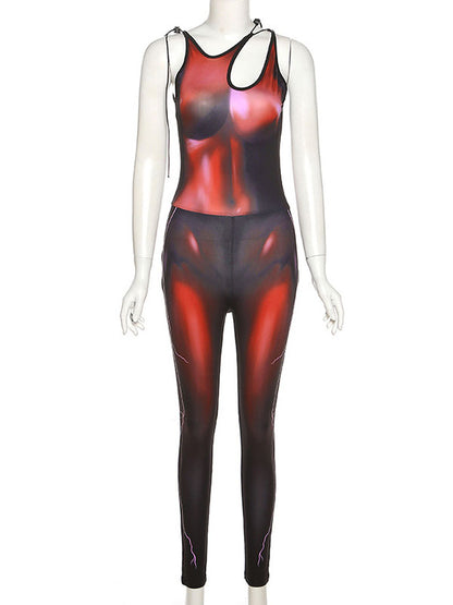 Tie-Dyed Cut Out Sleeveless Jumpsuits