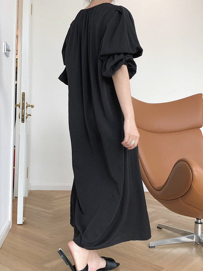 Fashion Split-Front Puff Sleeves V-Neck Midi Dress