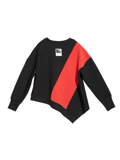 Stylish Black&Red Asymmetric Contrast Color Round-Neck Long Sleeves T-Shirt