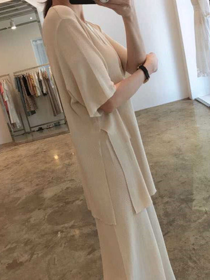 Casual Solid Color Split-Side Round-Neck Half Sleeves T-Shirt+Wide Leg Pants 2 Pieces Set
