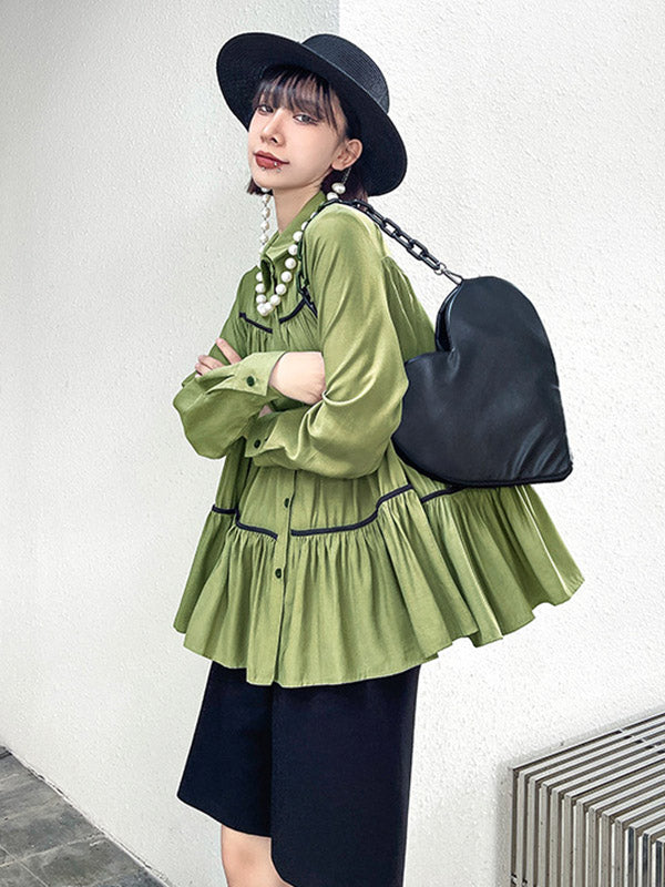 Original Buttoned Pleated Lapel Long Sleeves Blouse Tops