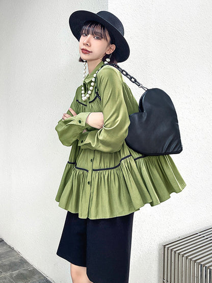 Original Buttoned Pleated Lapel Long Sleeves Blouse Tops