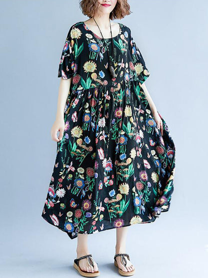 Vintage Loose Pleated Floral Printed Short Sleeves Midi Dress