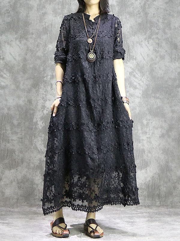 Loose Solid Hollow Flower Embroidered Maxi Dresses
